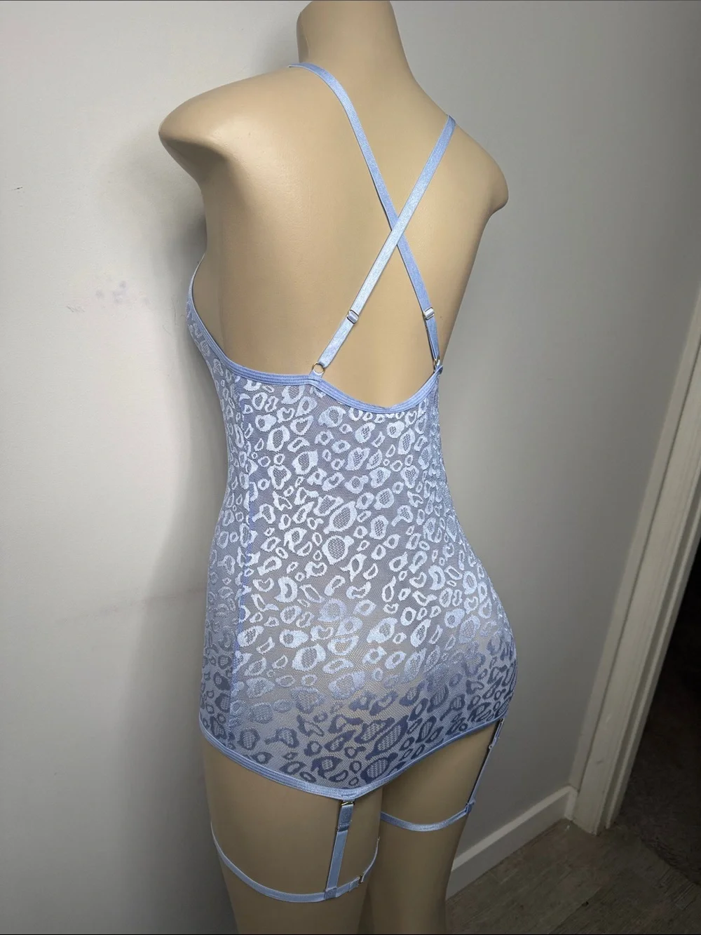 Blue Sheer Leopard Lace Slip with Garter Straps - Women's Intimates